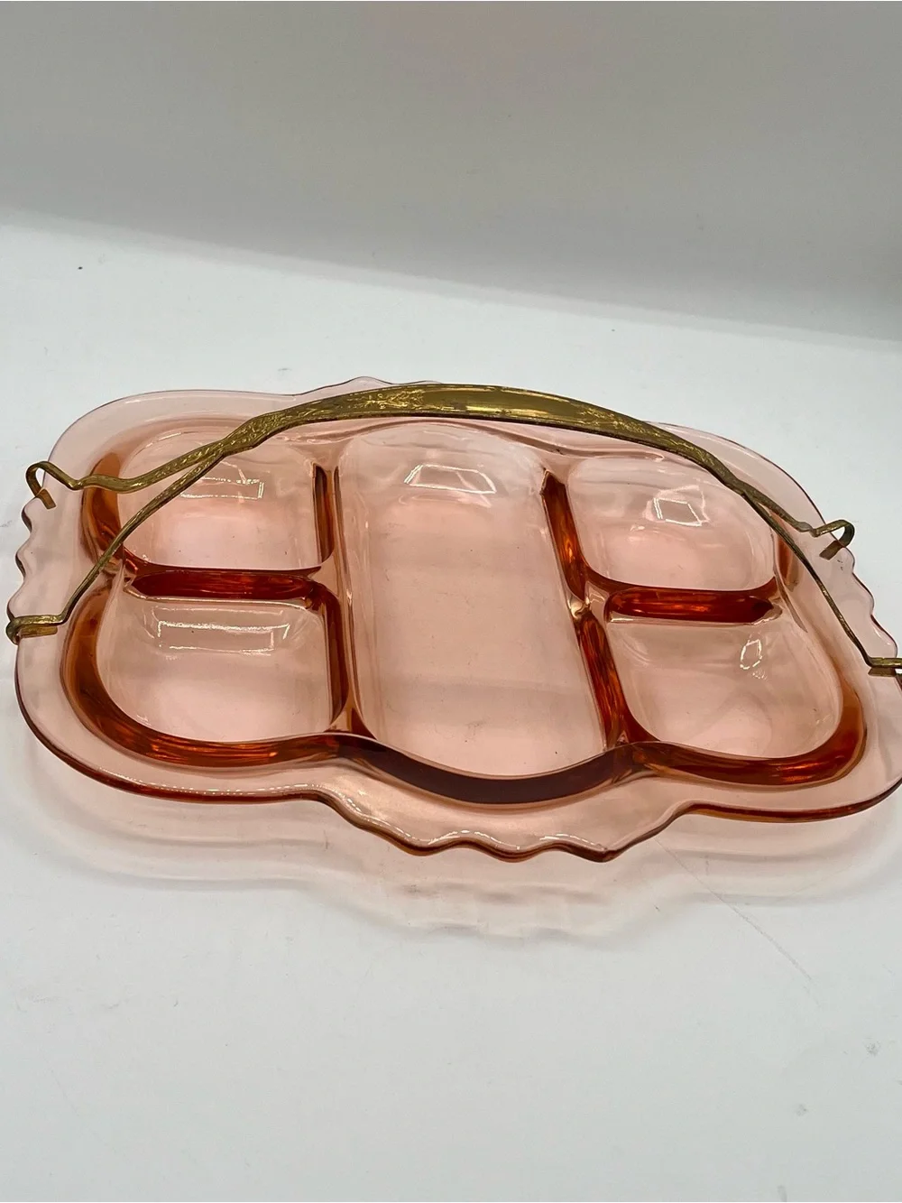 Vintage Pink Glass Divided Serving Tray with Handle from